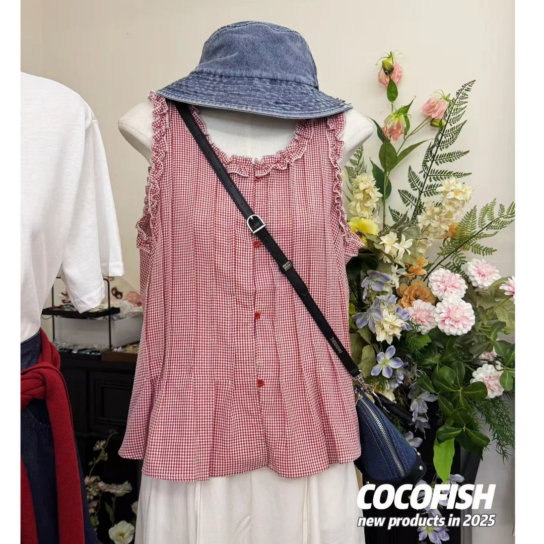 甜美减龄木耳花边压褶无袖显瘦小衫#61198