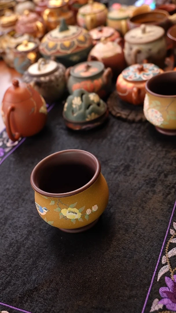 茶壶紫砂紫泥粉浆喜上枝头杯100cc