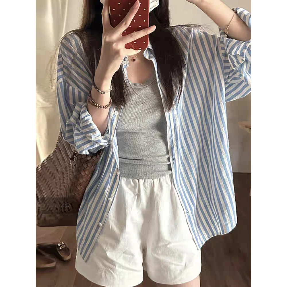 韩系蓝色条纹polo领衬衫外套女春秋外搭宽松薄款防晒空调开衫上衣