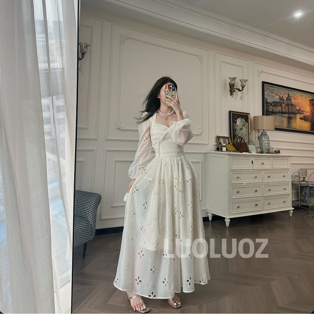 【现货】LUOLUOZ【流光璃梦】全棉网纱拼接收腰女神范长款连衣裙CC069