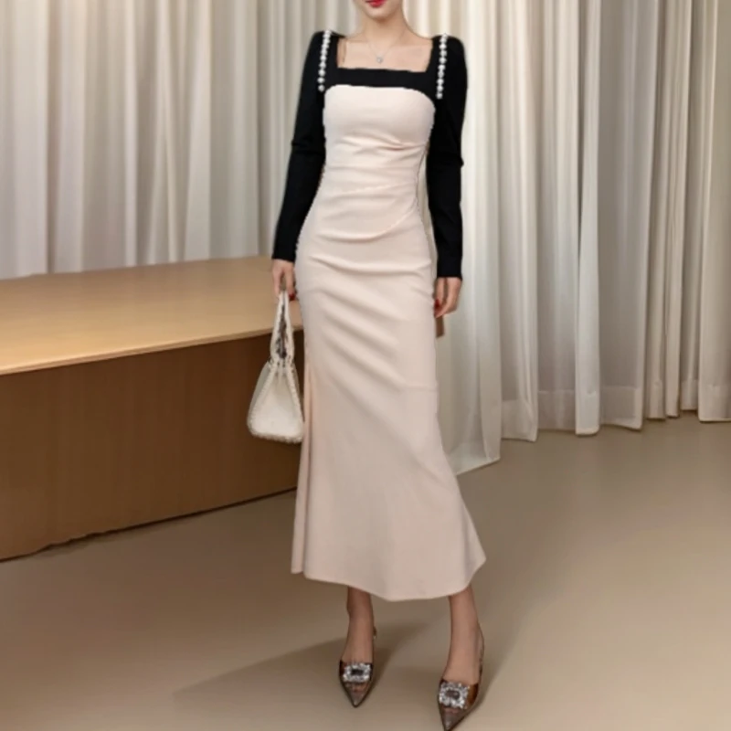 秋冬杏色拼接轻奢收腰显瘦气质高腰名媛裙子56067