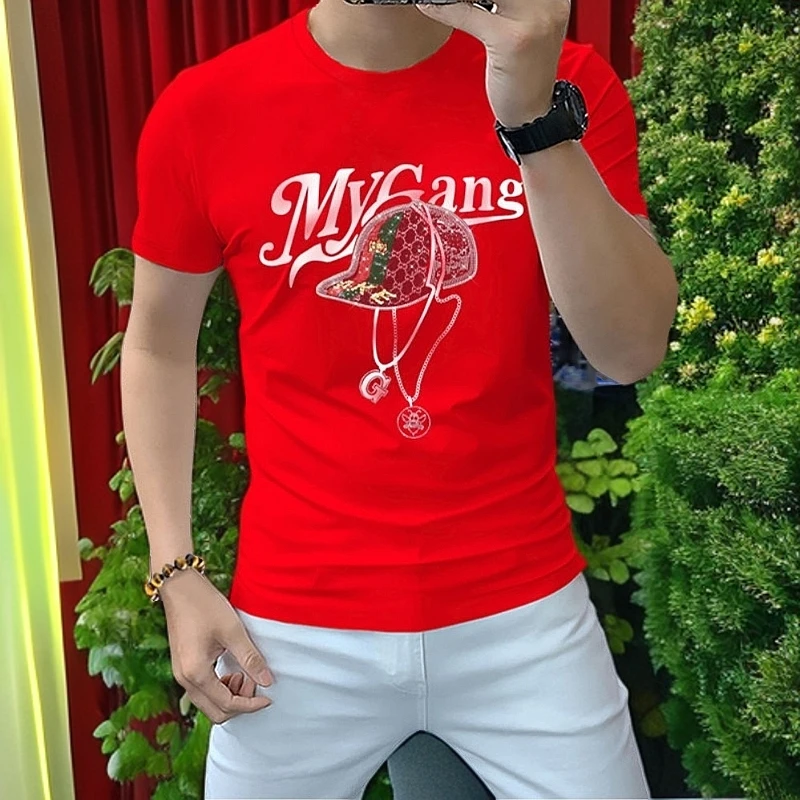 欧美夏款潮流百搭烫钻男装丝光棉短袖T恤男圆领青春纯棉体恤上衣