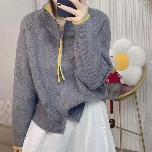 运费补贴~灰色拉链拼接打底立领毛衣针织衫开衫显瘦外套