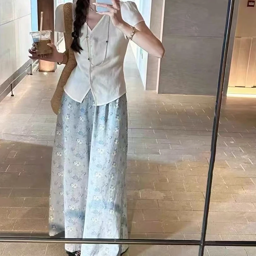 无印心匠D52965-2 夏季显瘦V领短袖阔腿裤时尚套装女K1693