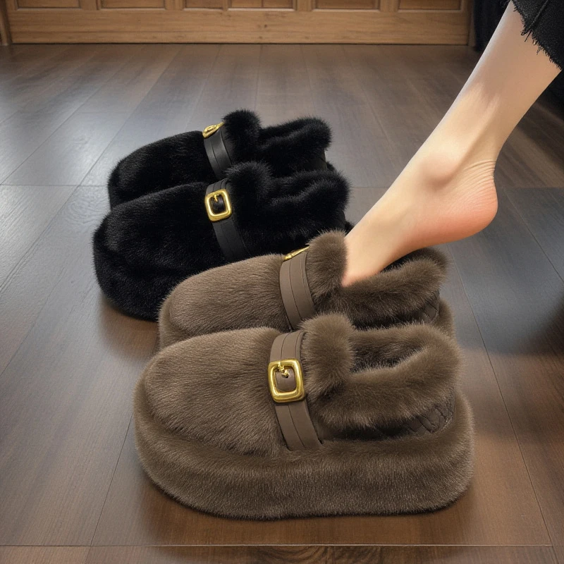 兔毛绒厚底毛毛鞋女2025年新款冬季皮带扣晚晚风加绒保暖孕妇棉鞋