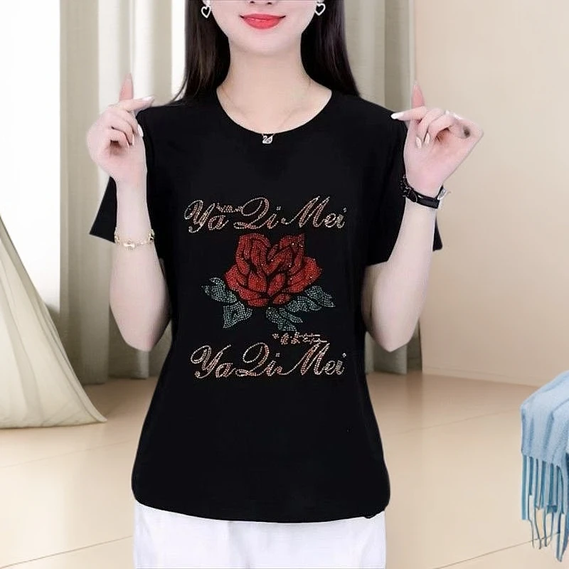 中老年女士烫钻妈妈装夏季短袖圆领显瘦T恤时尚洋气遮肚减龄小衫
