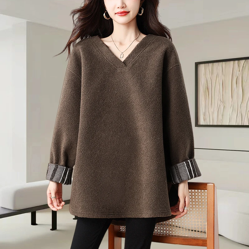 慵懒风V领毛呢卫衣女2025秋冬新款大码宽松显瘦加厚保暖外穿上衣
