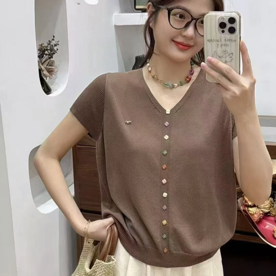 【专柜正品】韩系V领方正彩扣短款针织T恤衫女夏修身显瘦短袖上衣