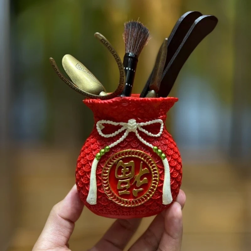 ZH3588-福袋福字红茶道筒（树脂）+茶道五君子