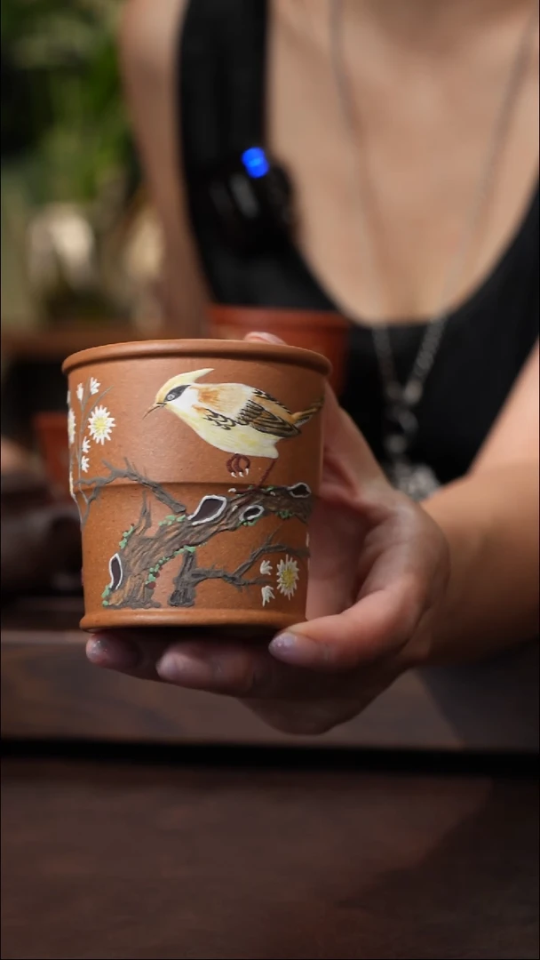 茶壶紫砂黄降坡泥绘竹节杯