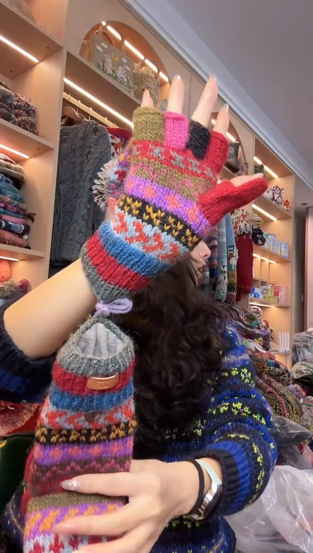 羊毛可*绿纯手工手套143