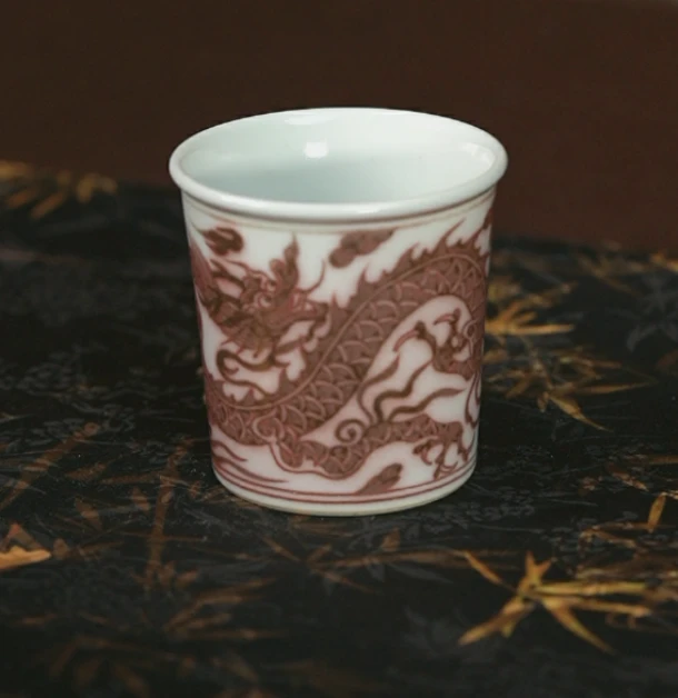 细雨幽兰釉里红龙纹直口杯景德镇茶具家用饮茶主人杯中式