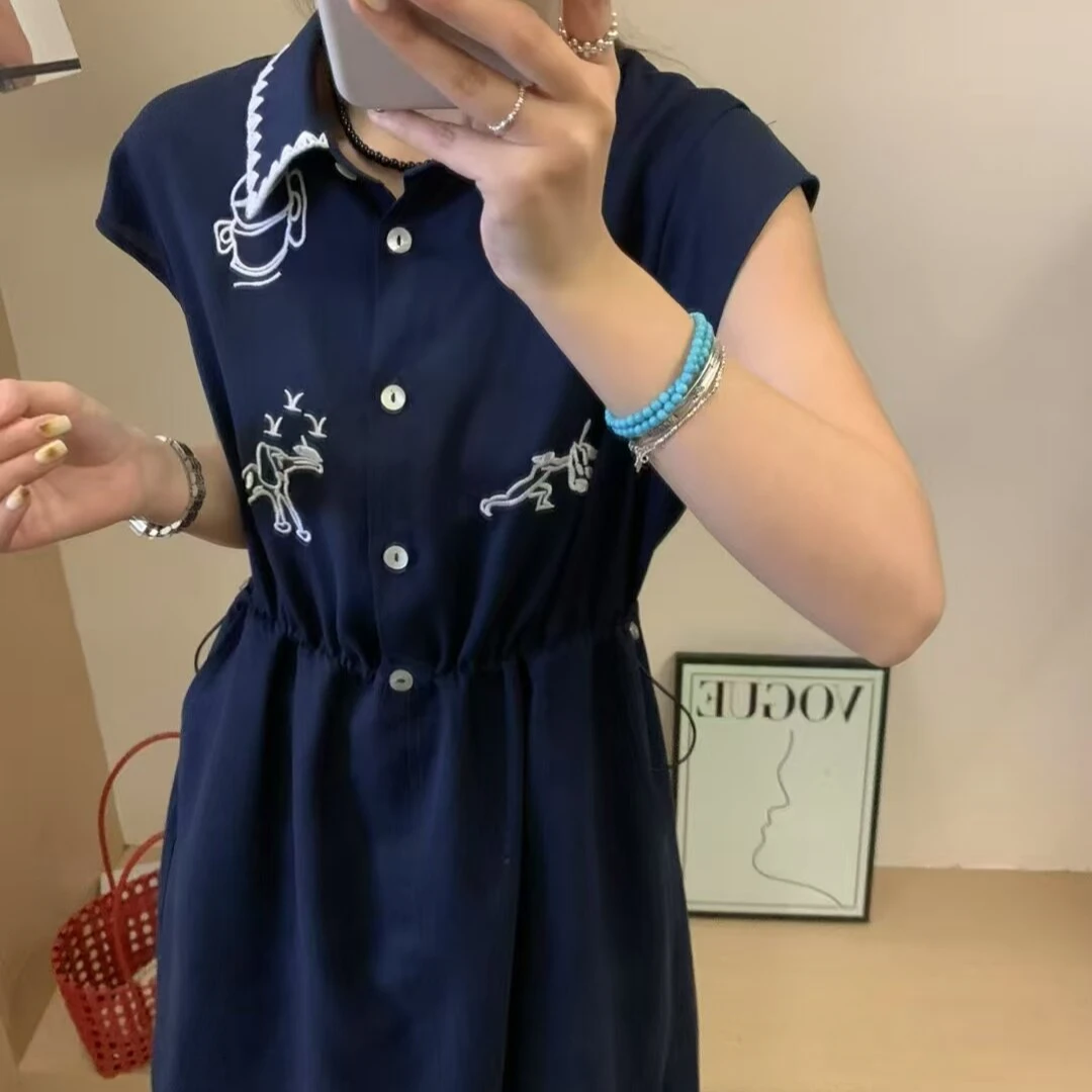 意法一批清仓 夏季百搭宽松刺绣翻领莱赛尔短袖连衣裙F0843