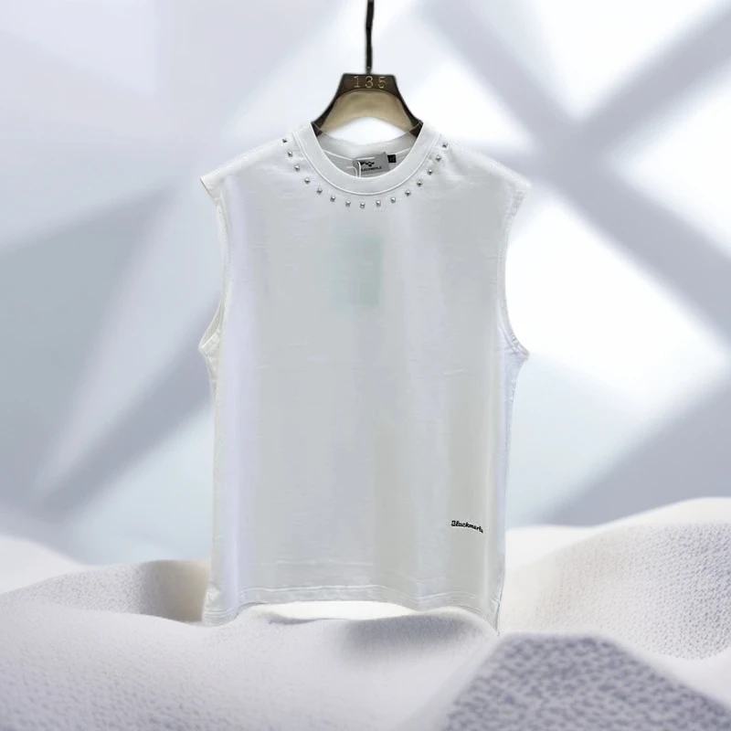 宾斯洛特时尚纯棉舒适男士夏季无袖背心新款重工柳钉装饰百搭上衣