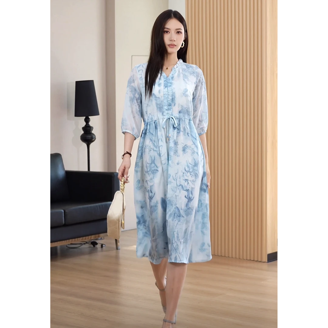 【清货+运费险】法式高端茶歇气质绝美中长款蓝色连衣裙XU909