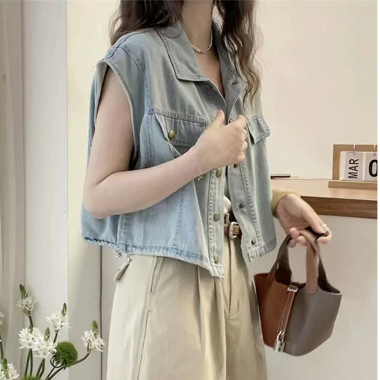 YML01# 时尚复古短袖牛仔polo领单排扣飞飞袖马甲