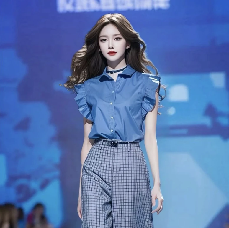 9560蓝色法式小飞袖衬衫2025新款女夏季小众设计感气质休闲上衣