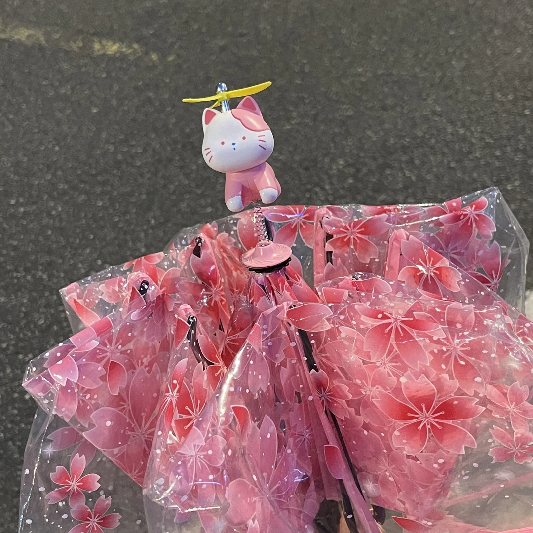 樱花小猫立体伞帽透明伞三折叠手动自动pvc雨伞竹蜻蜓弹簧小猫伞