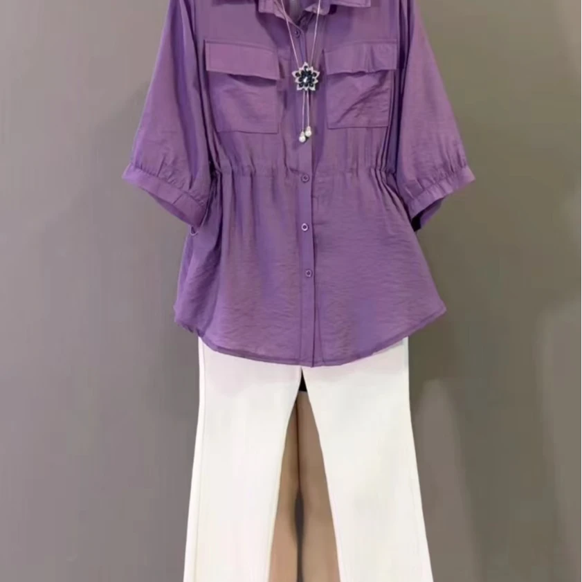 时尚2025夏季弹力腰气质短袖衬衫重工钉珠裤两件套