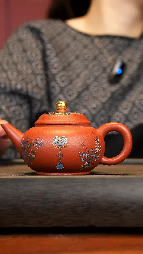 【闪购商品】紫砂茶壶朱泥水平壶 珐琅彩
