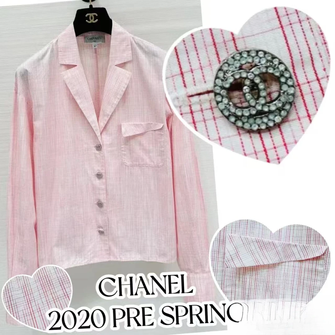99新 Chanel/香奈儿 20P格纹粉色钻扣衬衫 38码