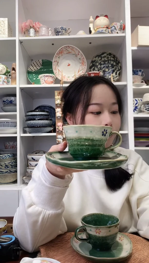 陶瓷濑户烧织部小蓝花咖啡杯碟