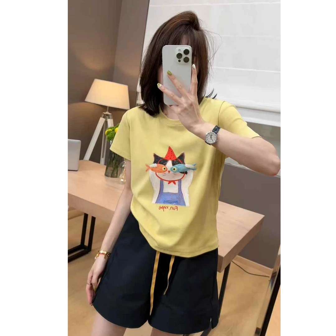 TY5 【小鱼眼镜猫】定制款显瘦显白简约时尚短袖T袖（衣长53）