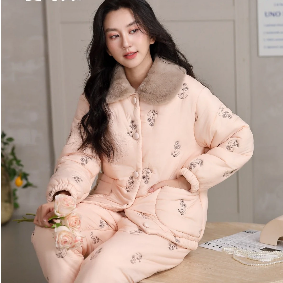 【0331安-玫瑰】新三层夹棉冬超厚加绒加厚高端保暖家居服睡衣