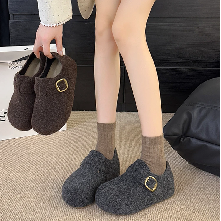 啄木鸟厚底增高灰色加绒勃肯鞋女2025秋冬新款毛呢鞋保暖博肯棉鞋