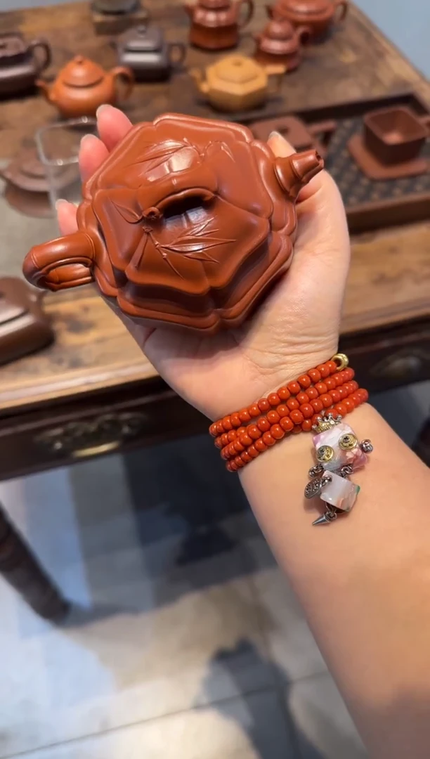 茶壶紫砂梓*晨六方海棠双线竹鼓