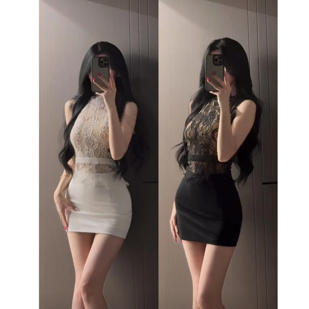 纯欲御姐高级感无袖蕾拼接上衣女气质显瘦包臀短裙两件套装夏季