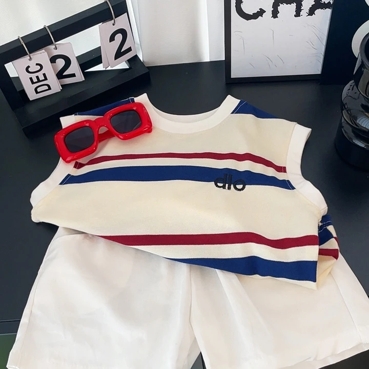 儿童亲子条纹夏季男女宝条纹刺绣背心短裤套装纯色短裤两件套