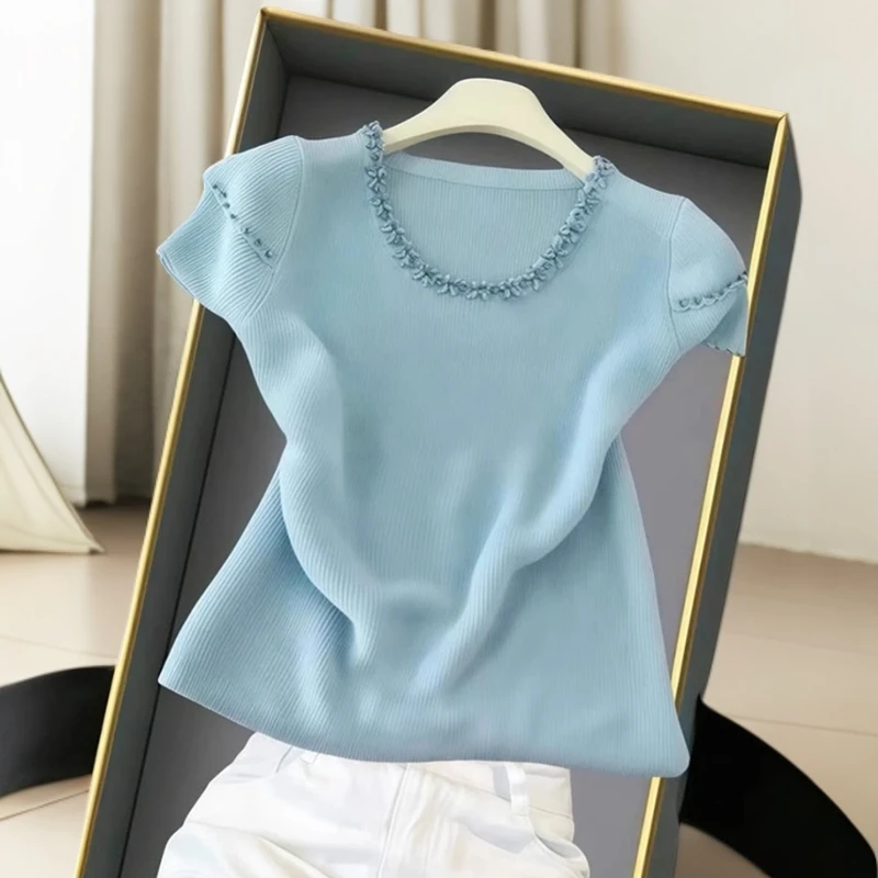2025夏季高端气质超好看洋气时髦小个子减龄别致独特绝美蓝色T恤