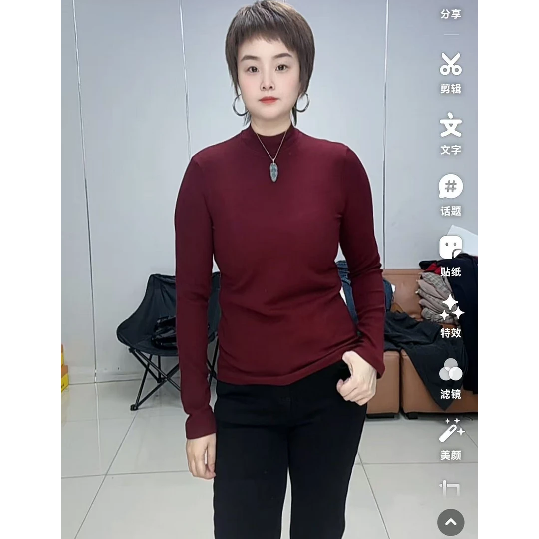 小施家时尚纯色百搭高弹薄绒长袖T恤5530