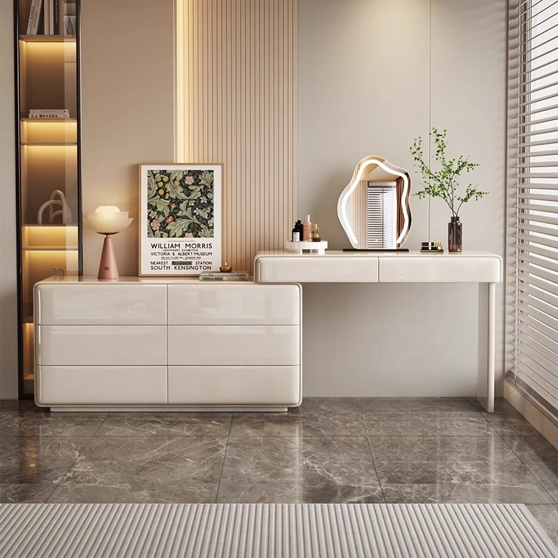 奶油风梳妆台2025新款卧室简约客厅现代收纳柜梳妆台化妆镜一体