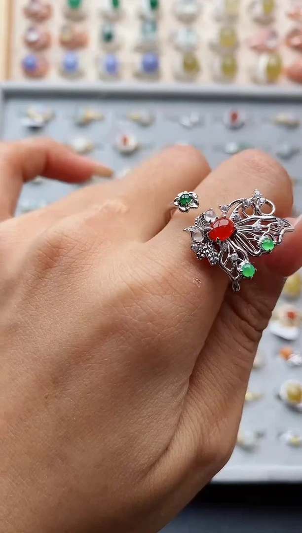 翡翠戒指银S925镶嵌缅甸天然A货翡翠2222 1-8