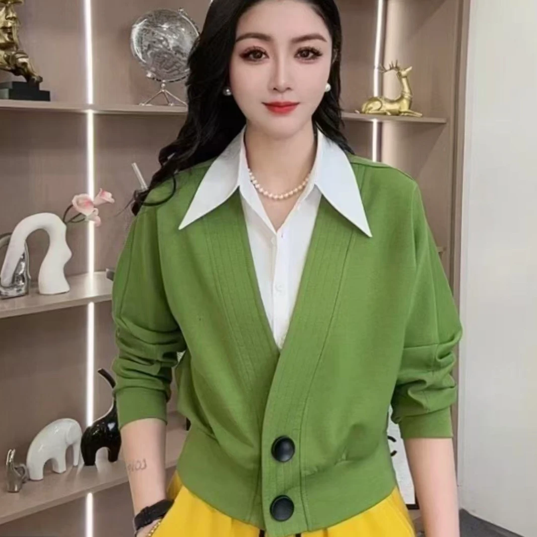 春季时尚百搭休闲洋气长袖假两件气质遮肚显瘦宽松修身拼接上衣女