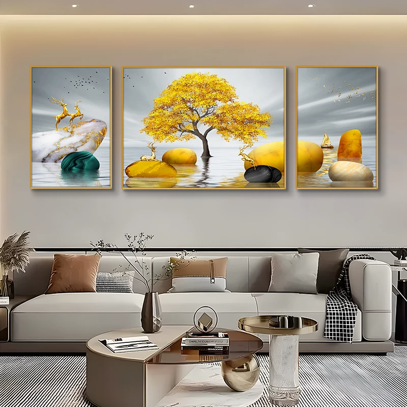 现代轻奢福禄聚财装饰画高档大气客厅沙发挂画精致优雅三联画