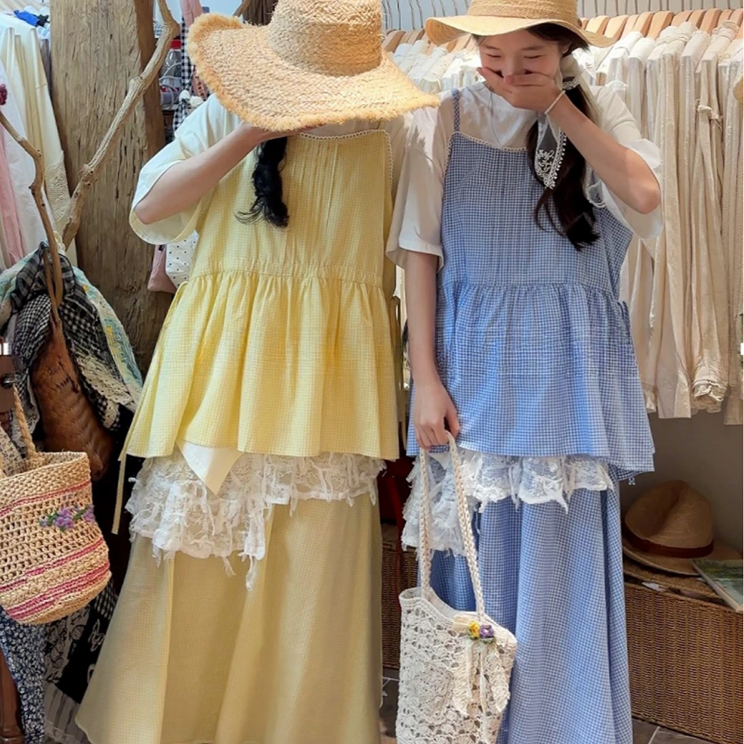 2025夏季新品套装森系甜美格子吊带马甲加格子半裙套装三件套9221