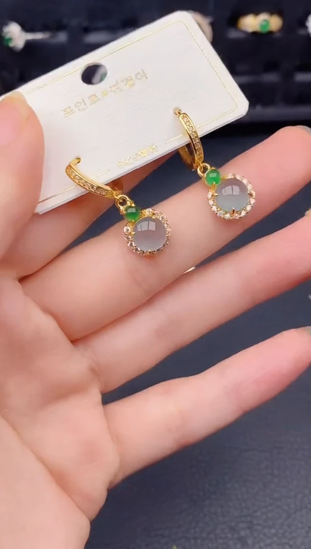 银S925镶嵌翡翠耳饰天然a货翡翠211