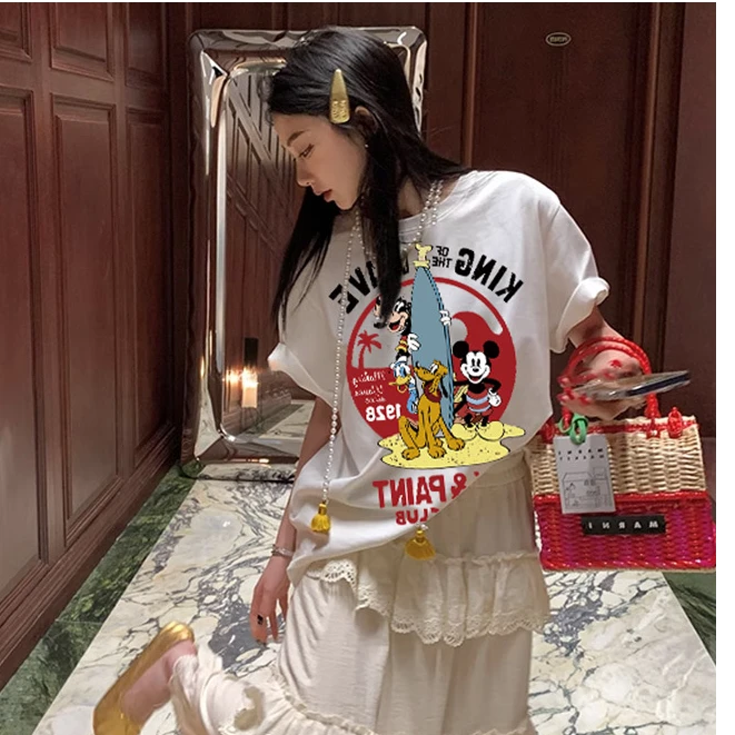 港味ins米奇潮牌百搭t恤上衣洋气女装纯棉短袖休闲情侣装高级半袖