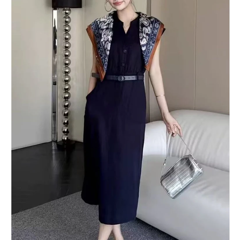 25A97街头风高腰通勤连衣裙优雅复古无丝巾口袋连衣裙