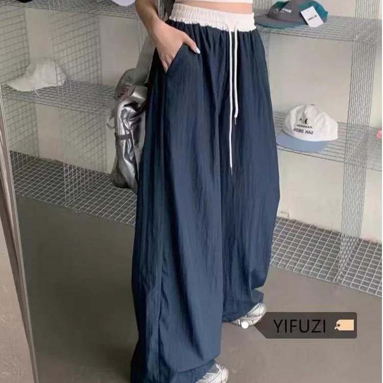【胖娜】2025新款慵懒风宽松阔腿裤女高腰小众拼接休闲拖地裤2441