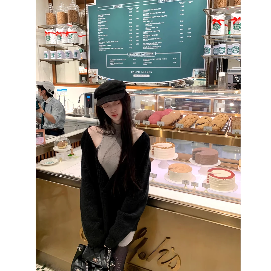 慵懒宽松深V领毛衣女秋冬季叠穿裙子设计感韩系温柔显瘦保暖上衣