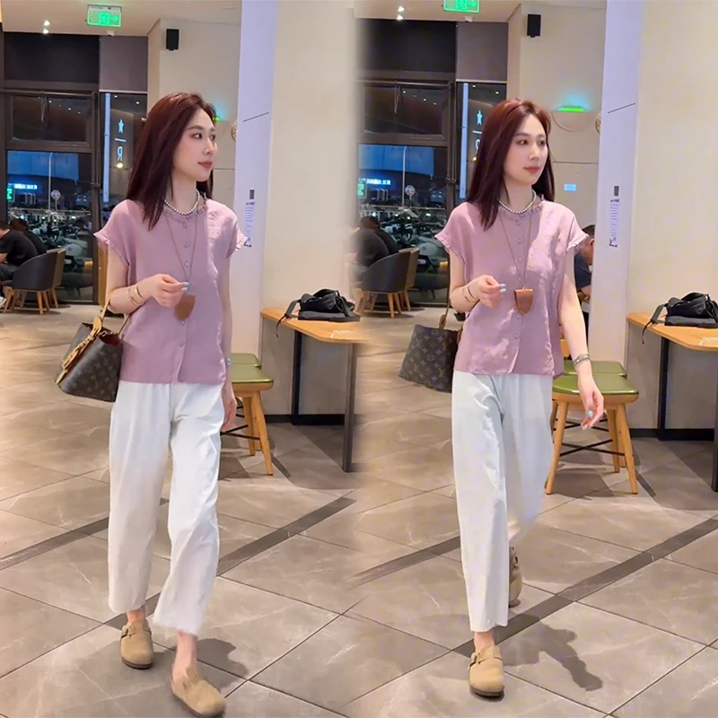 夏季减龄时尚气质花边衬衫上衣女2025新款显瘦小个子休闲裤两件套