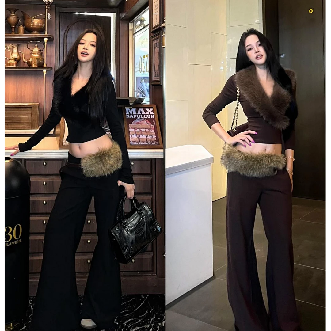 辣妹气质高级感交叉毛领长袖上衣加绒休闲显瘦长裤套装