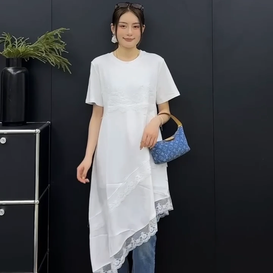 夏季短袖显瘦宽松腰长袖连衣裙绣花轻奢休闲百搭优雅拼接白色