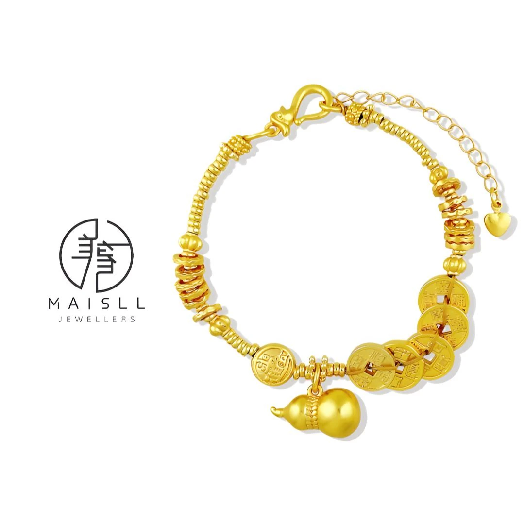 铜合金手链 【精工版】镀K金轻奢金色葫芦五币钱手链古法编织时尚