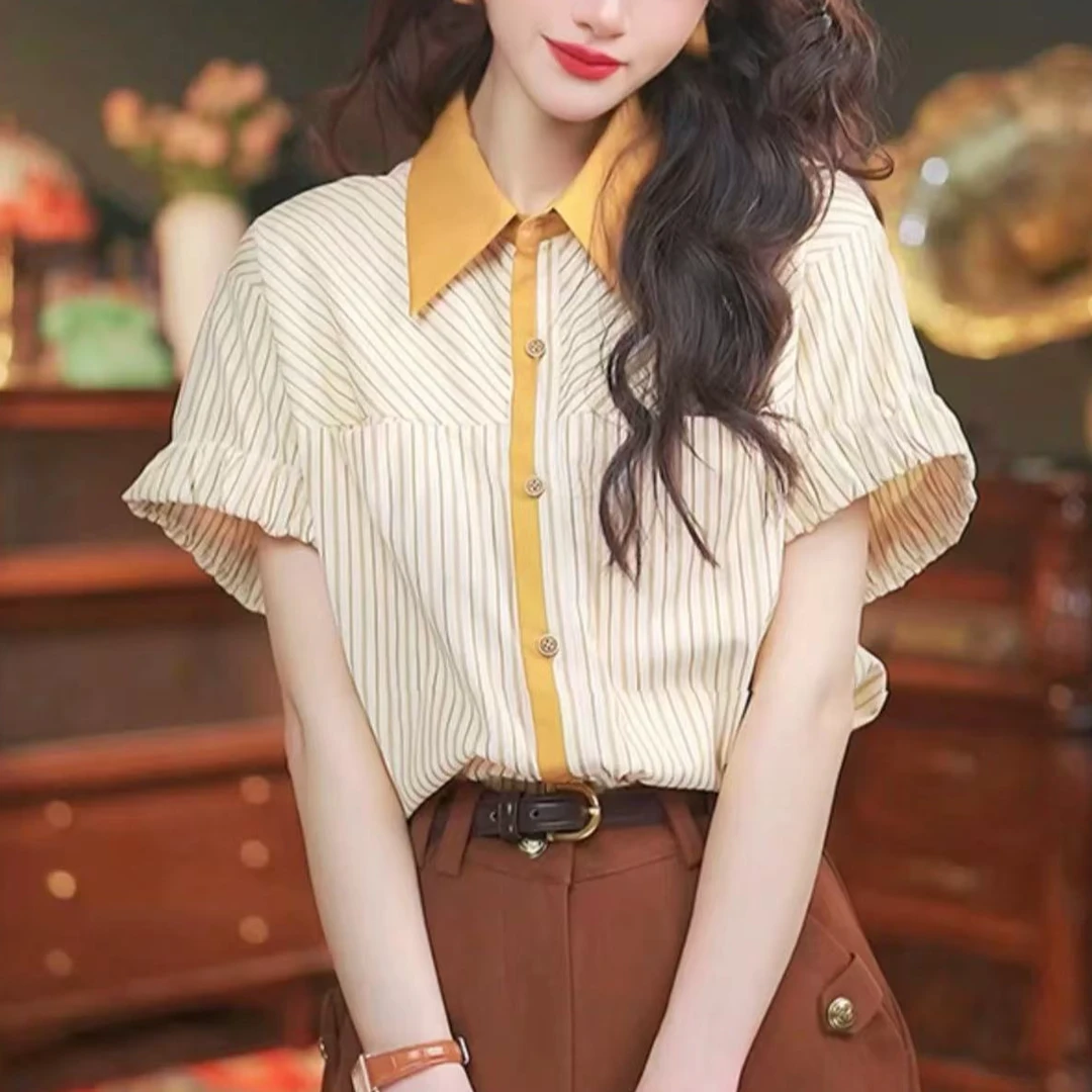 夏季新款港风复古拼色短袖衬衫女装宽松显瘦设计感条纹上衣9201