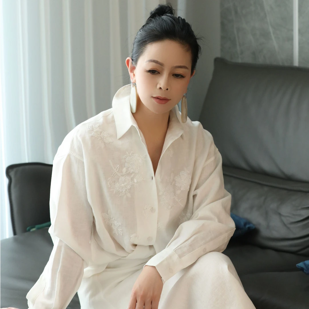 【Guixia.M 甄选】法国进口雨露麻 刺绣钉珠衬衫裙套